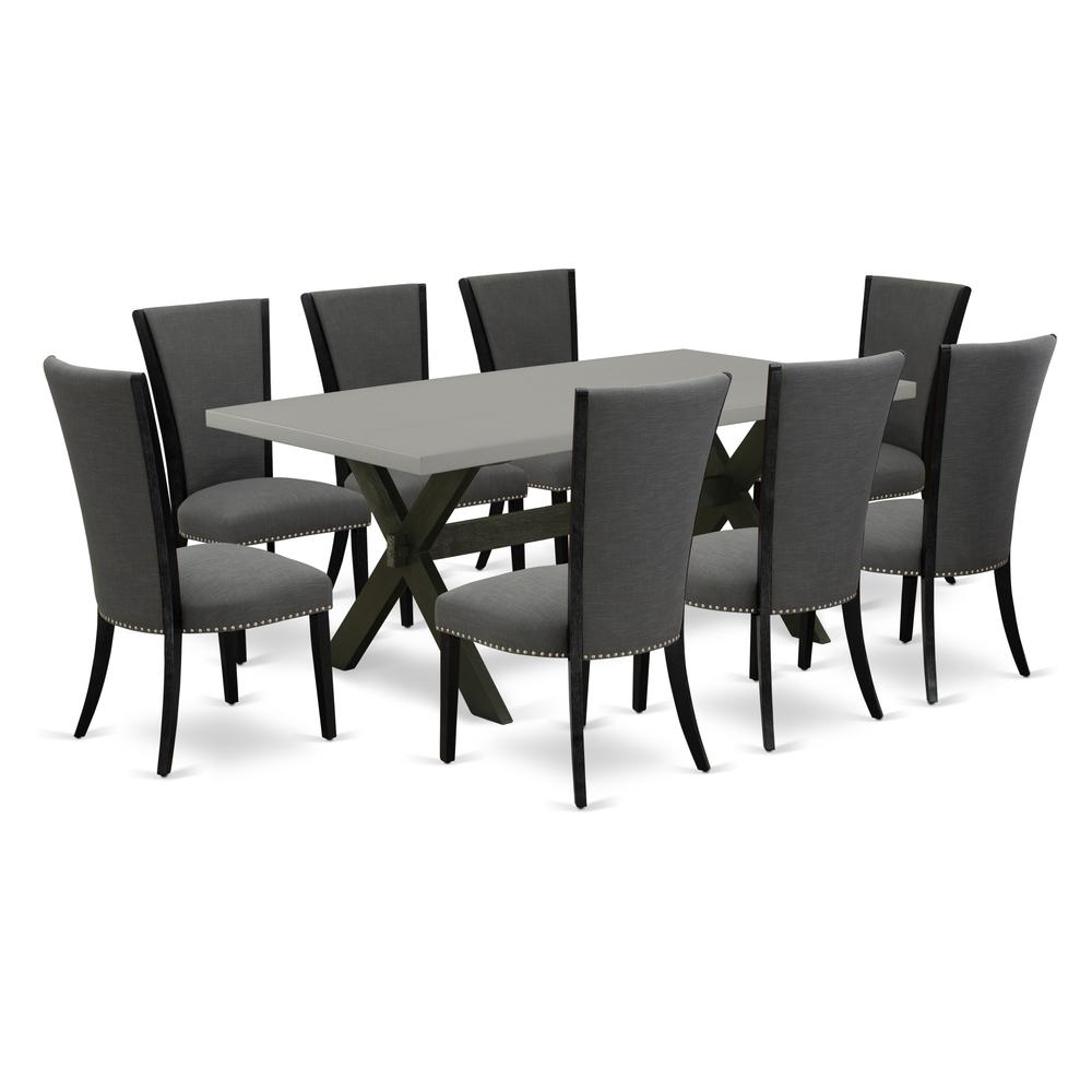 East West Furniture X697VE650-9 9Pc Kitchen and Dining Room Table Set Consists of a Dining Table and 8 Parsons Dining Chairs with Dark Gotham Grey Color Linen Fabric, Medium Size Table with Full Back. Picture 1