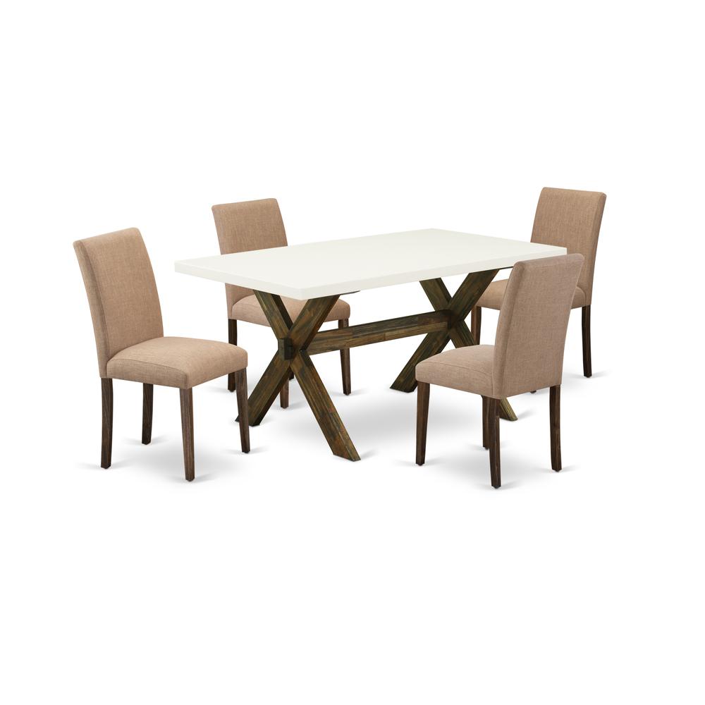 East West Furniture 5-Pc Table and Chairs Dining Set Includes 4 Mid Century Chairs with Upholstered Seat and High Back and a Rectangular Kitchen Dining Table - Distressed Jacobean Finish. Picture 1