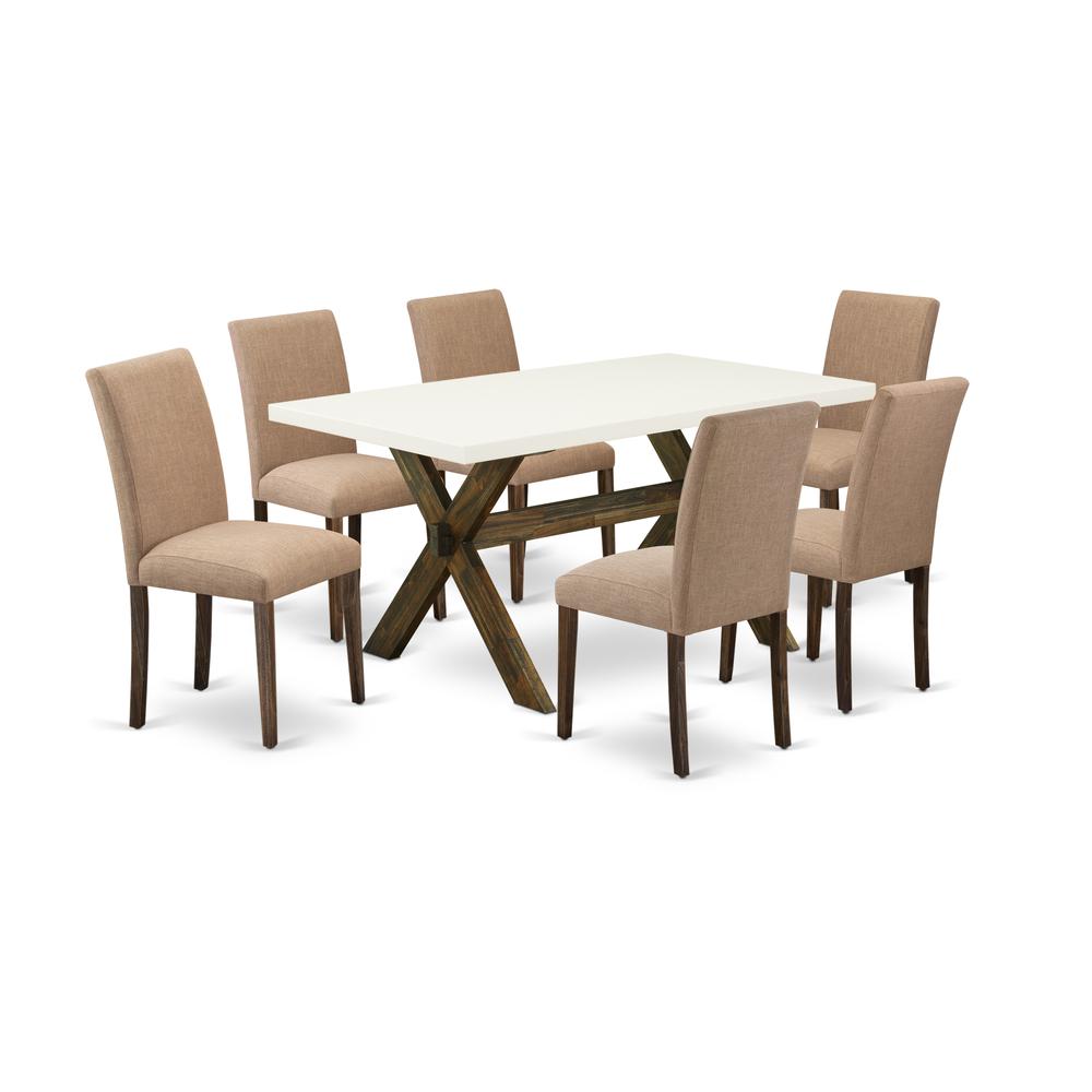 East West Furniture 7-Pc Table and Chairs Dining Set Includes 6 Mid Century Chairs with Upholstered Seat and High Back and a Rectangular Kitchen Table - Distressed Jacobean Finish. Picture 1