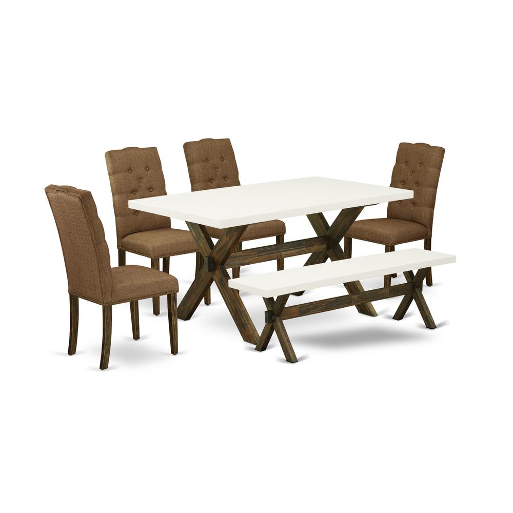 East West Furniture 6-Piece Mid Century Dining Table Set-Brown Beige Linen Fabric Seat and Button Tufted Chair Back Modern Dining chairs, A Rectangular Bench and Rectangular Top Kitchen Dining Table w. Picture 1