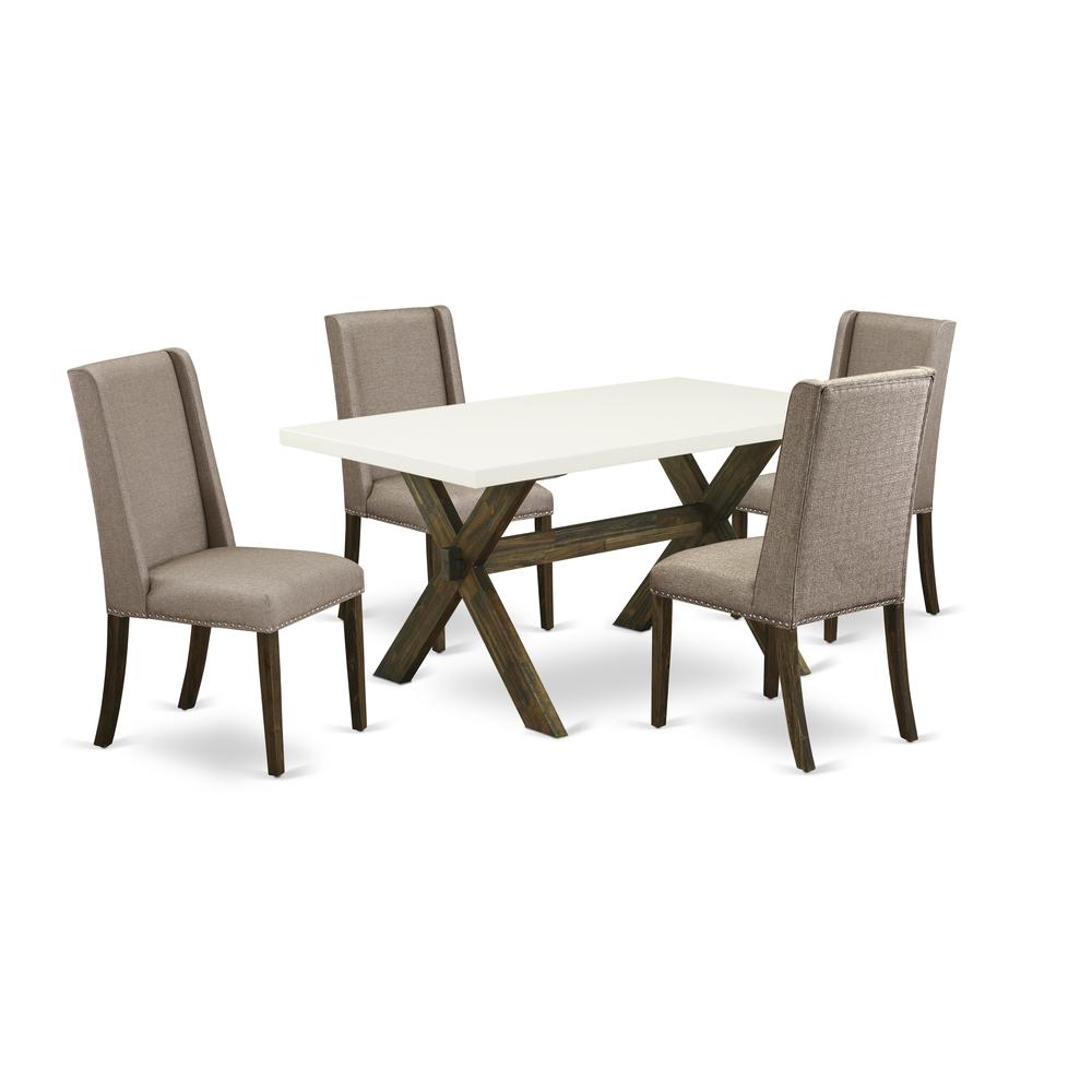 East West Furniture 5-Pc Dining Table Set Included 4 Parson Chair Upholstered Seat and Stylish Chair Back and Rectangular dining table with Linen White Kitchen Dining Table Top - Distressed Jacobean F. The main picture.