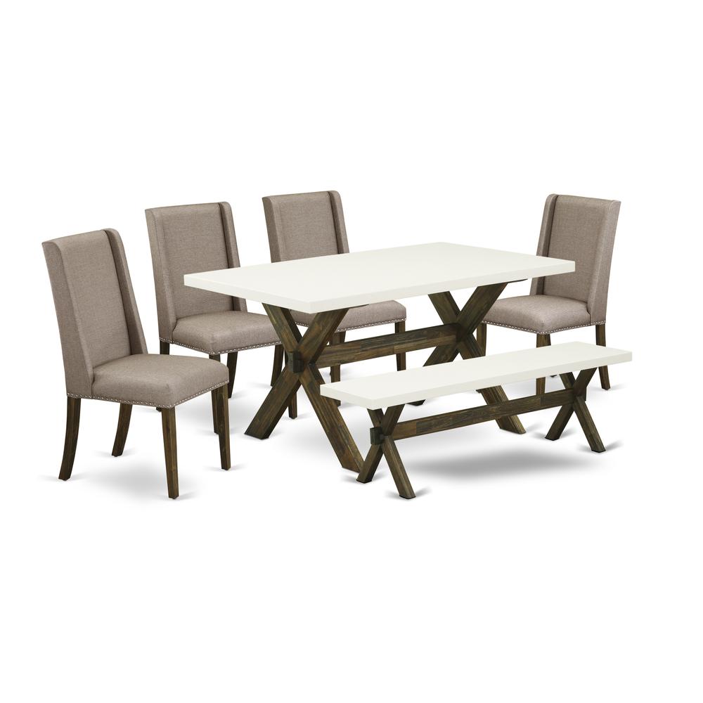 East West Furniture 6-Pc Dining -Dark Khaki Linen Fabric Seat and High Stylish Chair Back kitchen parson chairs, A Rectangular Bench and Rectangular Top Dining room Table with Wood Legs - Linen White. Picture 1