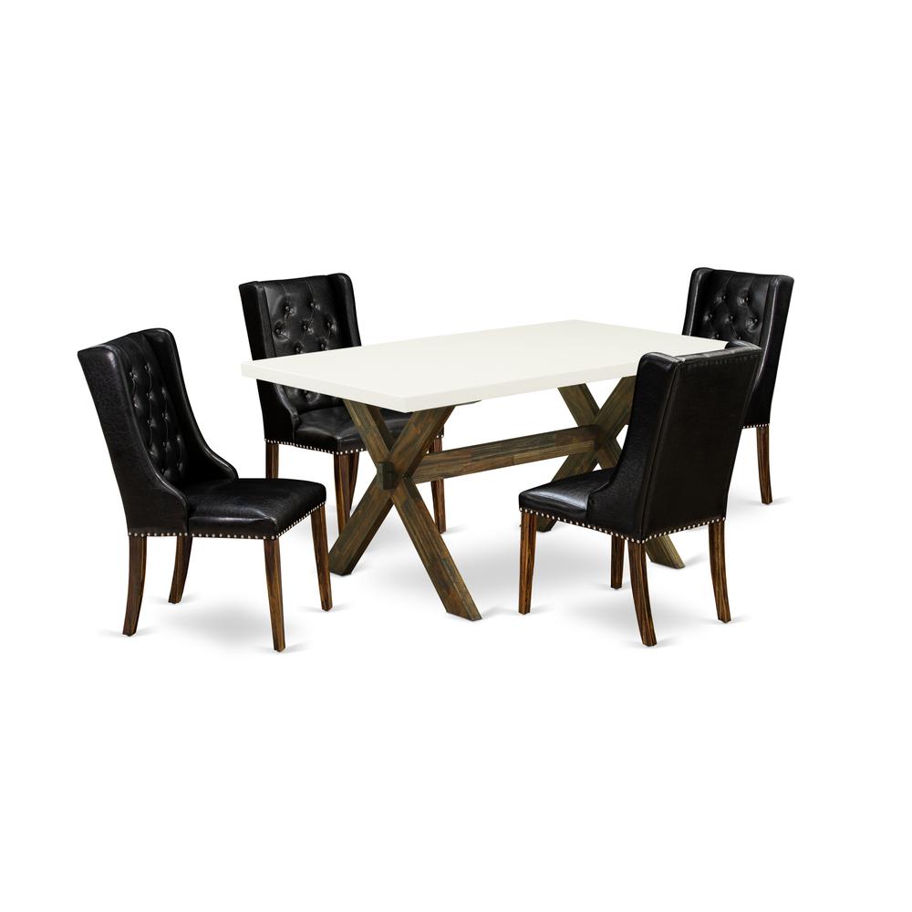 East West Furniture X726FO749-5 5 Piece Dining Table Set - 4 Black Pu Leather Upholstered Chair Button Tufted with Nail heads and Wood Dining Table - Distressed Jacobean Finish. Picture 1
