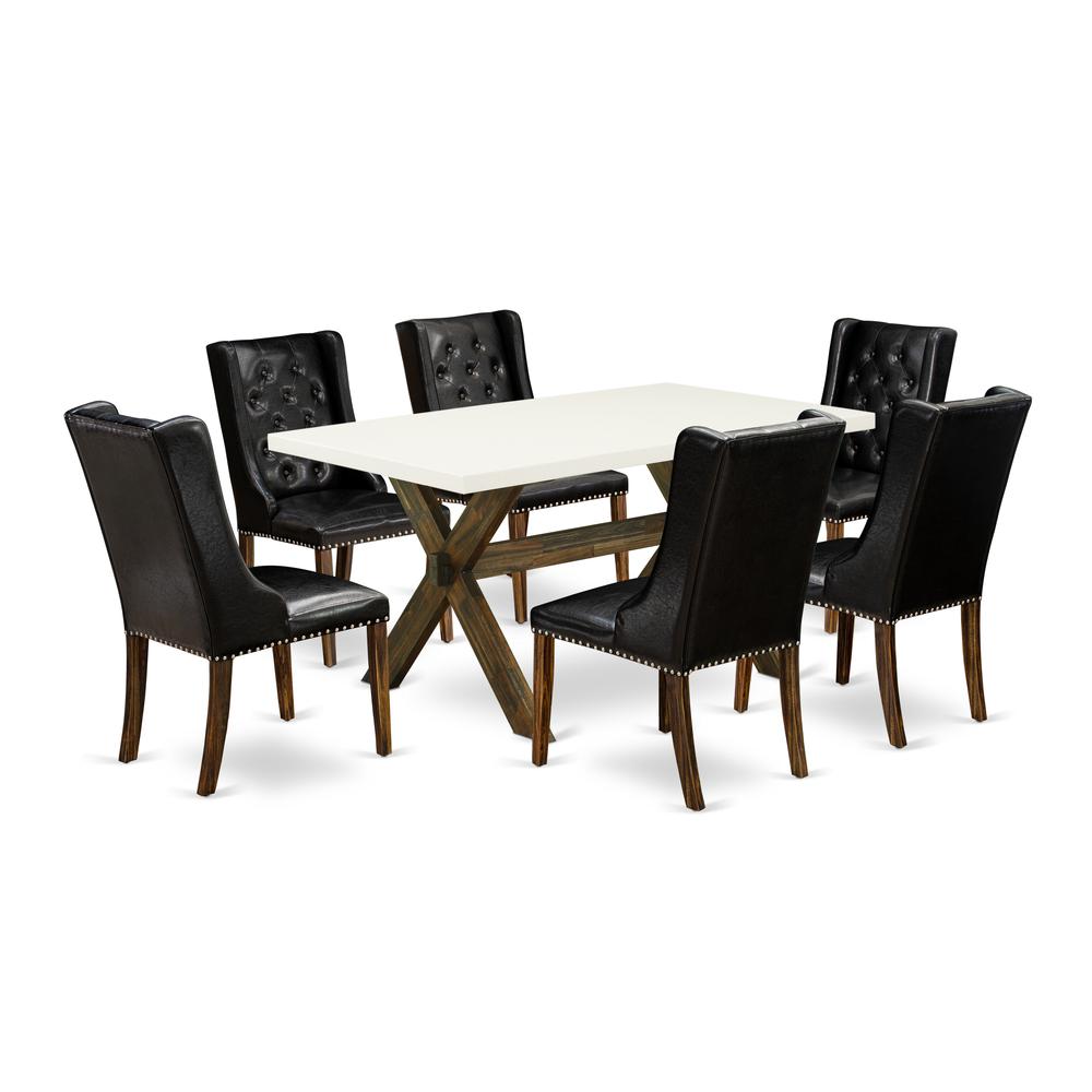 East West Furniture X726FO749-7 7 Piece Dinette Set - 6 Black Pu Leather Parson Chairs Button Tufted with Nail heads and Wood Dining Table - Distressed Jacobean Finish. Picture 1