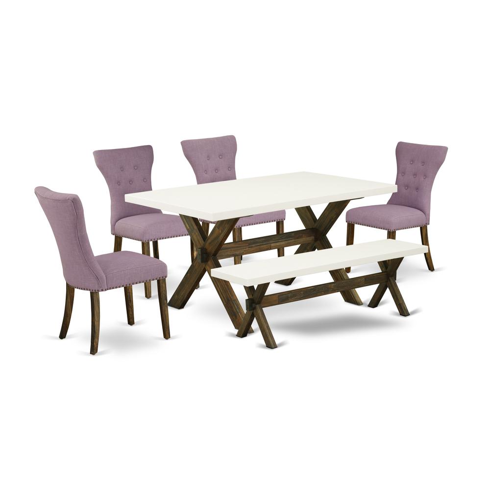 East West Furniture X726GA740-6 6-Piece Kitchen Dining Room Set- 4 Kitchen Parson Chairs with Dahlia Linen Fabric Seat and Button Tufted Chair Back - Rectangular Top & Wooden Cross Legs Dining Room Ta. Picture 1