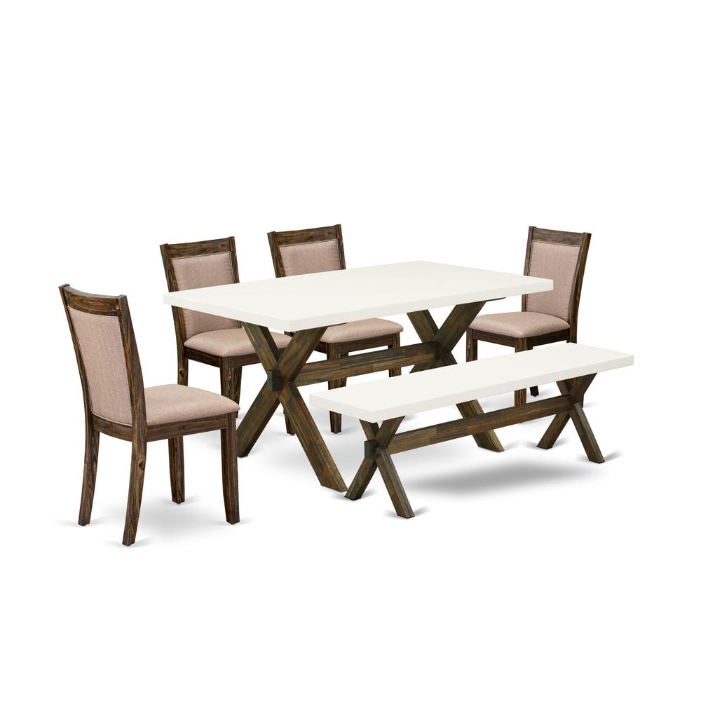 X726MZ716-6 6 Piece Dinning Set- A Kitchen Table in Trestle Base with Wood Bench and 4 Dining Chairs - Distressed Jacobean Finish. Picture 2