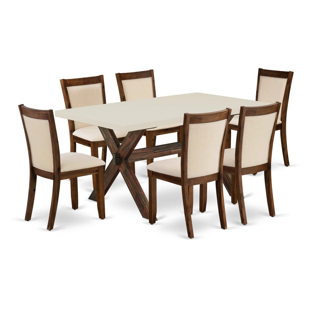 East West Furniture 7-Piece Kitchen Table Set Consists of a Dining Room Table and 6 Light Beige Linen Fabric Dining Room Chairs with Stylish Back - Distressed Jacobean Finish. Picture 2