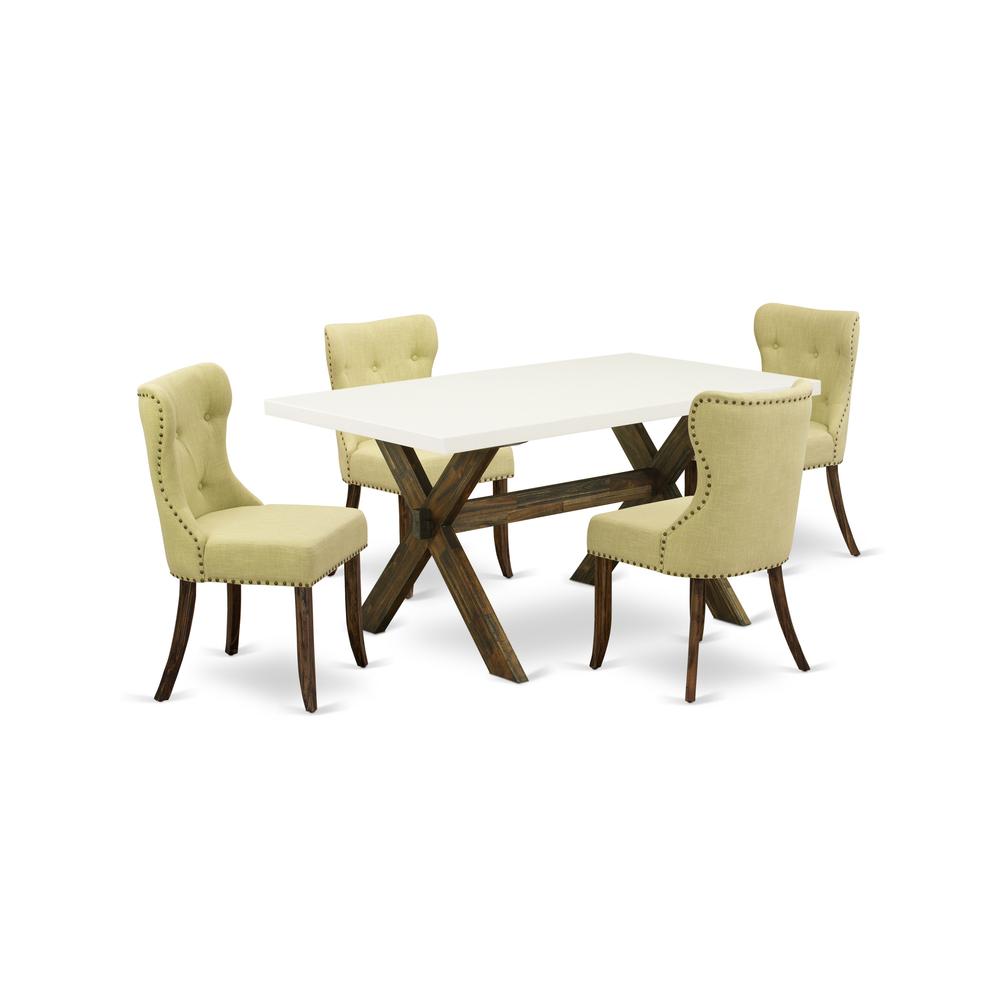 East West Furniture X726SI737-5 5-Piece Dinette Set- 4 Dining Room Chairs with Limelight Linen Fabric Seat and Button Tufted Chair Back - Rectangular Table Top & Wooden Cross Legs - Linen White and Di. Picture 1