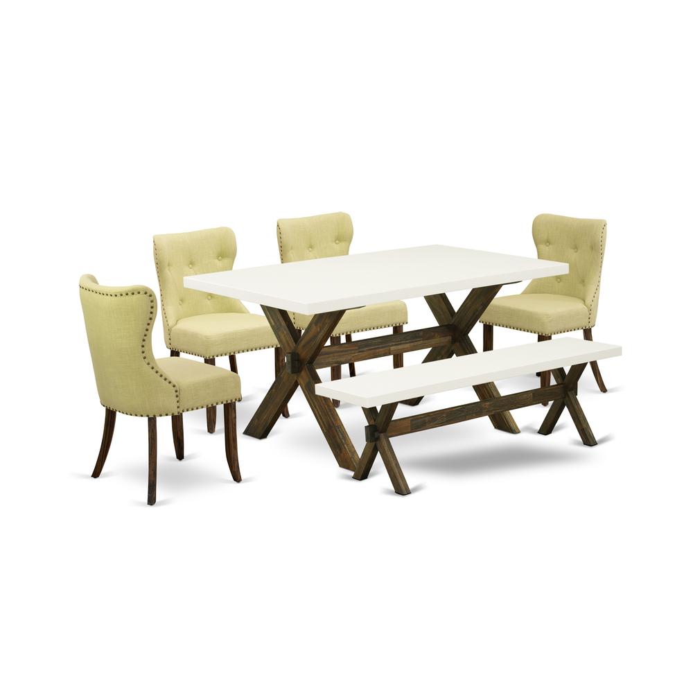 East West Furniture X726SI737-6 6-Pc Kitchen Dining Set- 4 Kitchen Chairs with Limelight Linen Fabric Seat and Button Tufted Chair Back - Rectangular Top & Wooden Cross Legs Wood Dining Table and Wood. Picture 1