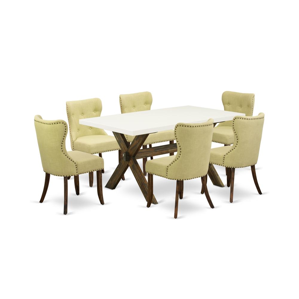 East West Furniture X726SI737-7 7-Pc Dining Room Table Set- 6 Upholstered Dining Chairs with Limelight Linen Fabric Seat and Button Tufted Chair Back - Rectangular Table Top & Wooden Cross Legs - Line. Picture 1