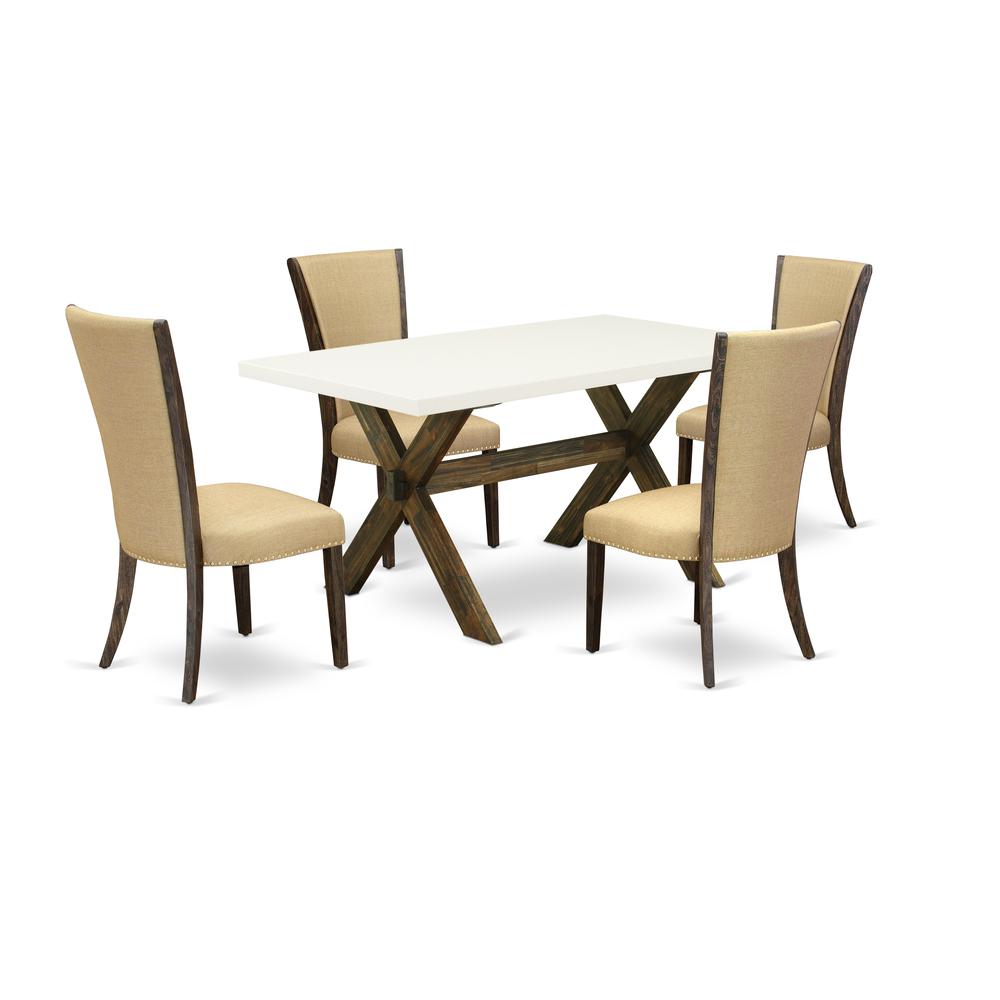 East West Furniture X726VE703-5 5Pc Dining Table Set Consists of a Wood Table and 4 Parsons Dining Room Chairs with Brown Color Linen Fabric, Medium Size Table with Full Back Chairs, Distressed Jacobe. Picture 1