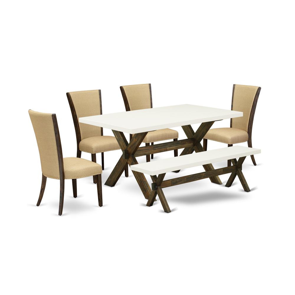East West Furniture X726VE703-6 6 Piece Table Set - 4 Brown Linen Fabric Comfortable Chair with Nailheads and Linen White Rectangular Dining Table - 1 Wooden Bench - Distressed Jacobean Finish. Picture 1