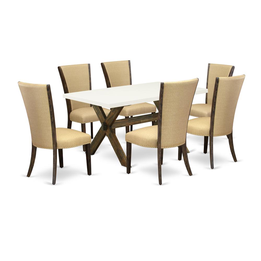 East West Furniture X726VE703-7 7Pc Dining Room Table Set Includes a Wood Table and 6 Upholstered Dining Chairs with Brown Color Linen Fabric, Medium Size Table with Full Back Chairs, Distressed Jacob. Picture 1