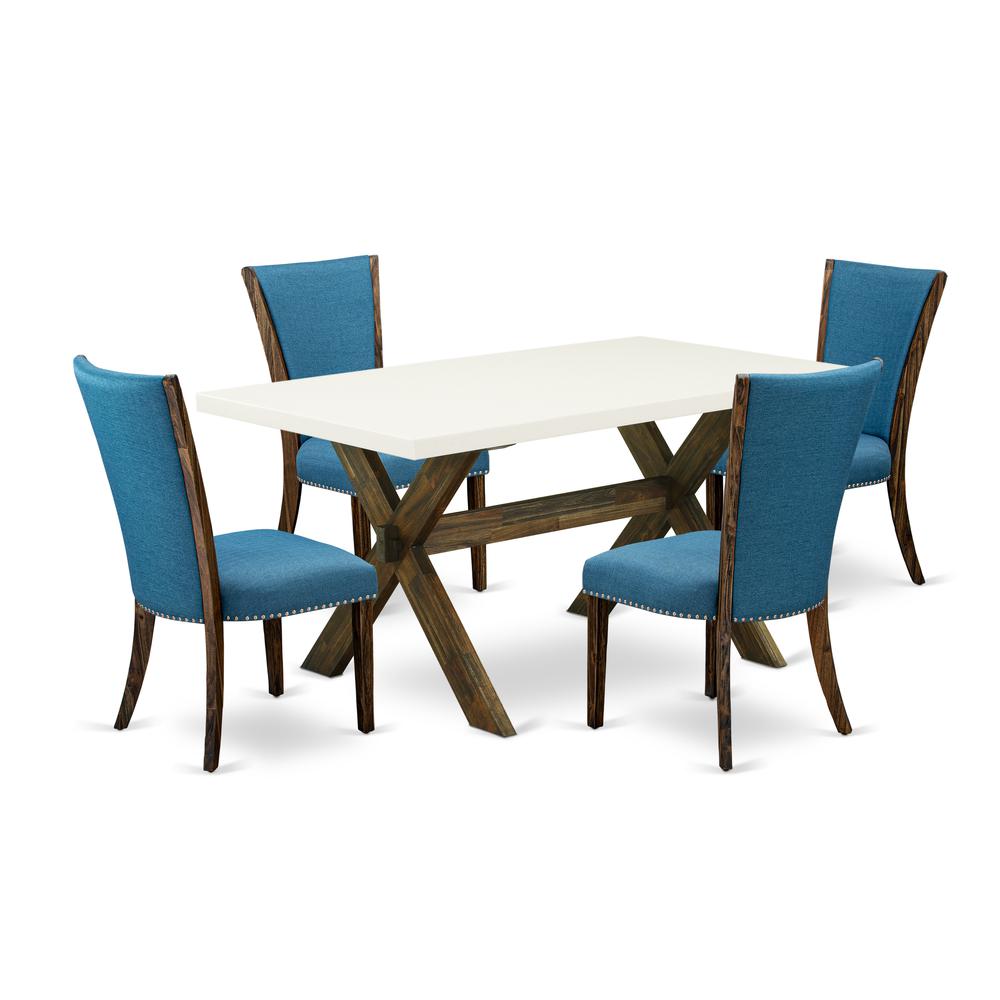 East West Furniture X726VE721-5 5Pc Dining Table set Includes a Dining Room Table and 4 Parsons Dining Room Chairs with Blue Color Linen Fabric, Distressed Jacobean and Linen White Finish. Picture 1