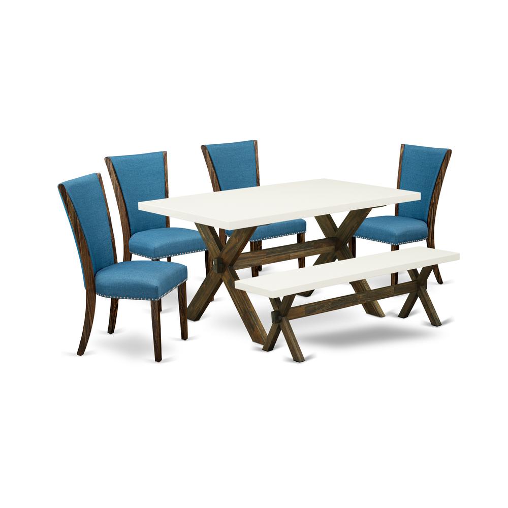East West Furniture X726VE721-6 6 Piece Table Set - 4 Black Linen Fabric Comfortable Chair with Nailheads and Linen White Modern Dining Table - 1 Wooden Bench - Distressed Jacobean Finish. Picture 1
