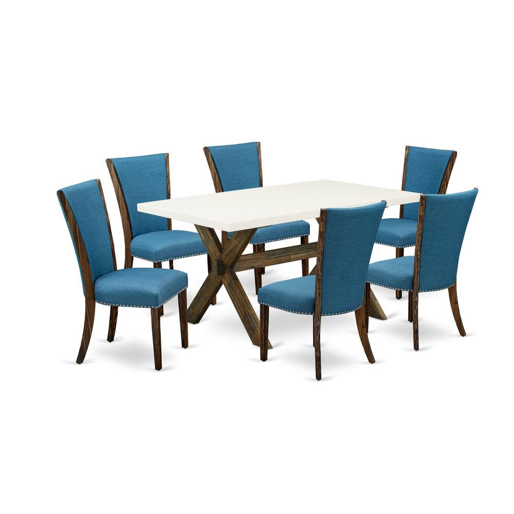 East West Furniture X726VE721-7 7Pc Dinette Sets for Small Spaces Consists of a Wood Table and 6 Parsons Dining Chairs with Blue Color Linen Fabric, Distressed Jacobean and Linen White Finish. Picture 1