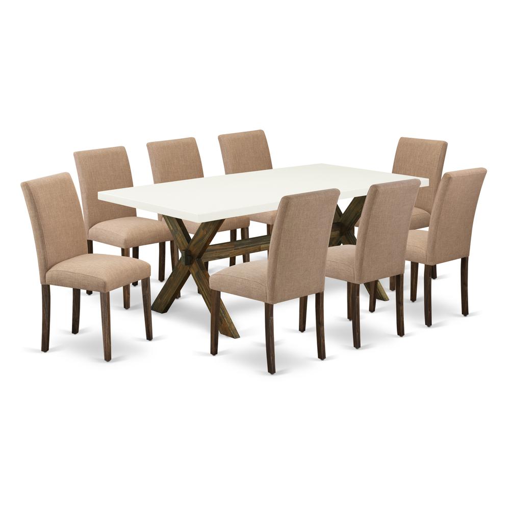 East West Furniture 9-Piece Dining Room Set Includes 8 Dining Room Chairs with Upholstered Seat and High Back and a Rectangular Breakfast Table - Distressed Jacobean Finish. Picture 1