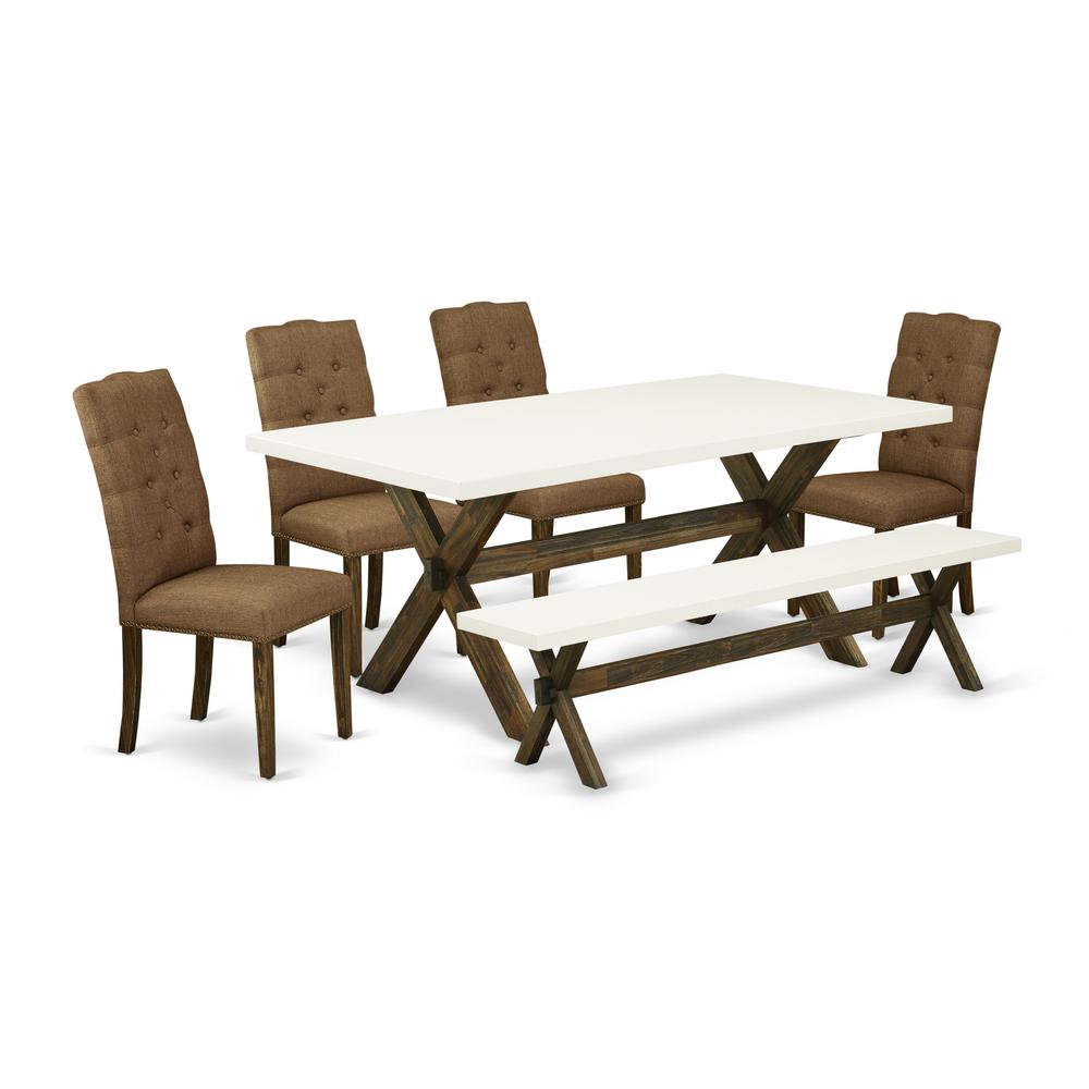 East West Furniture 6-Pc Dinette Set-Brown Beige Linen Fabric Seat and Button Tufted Chair Back kitchen parson chairs, A Rectangular Bench and Rectangular Top Kitchen Table with Wood Legs - Linen Whit. Picture 1