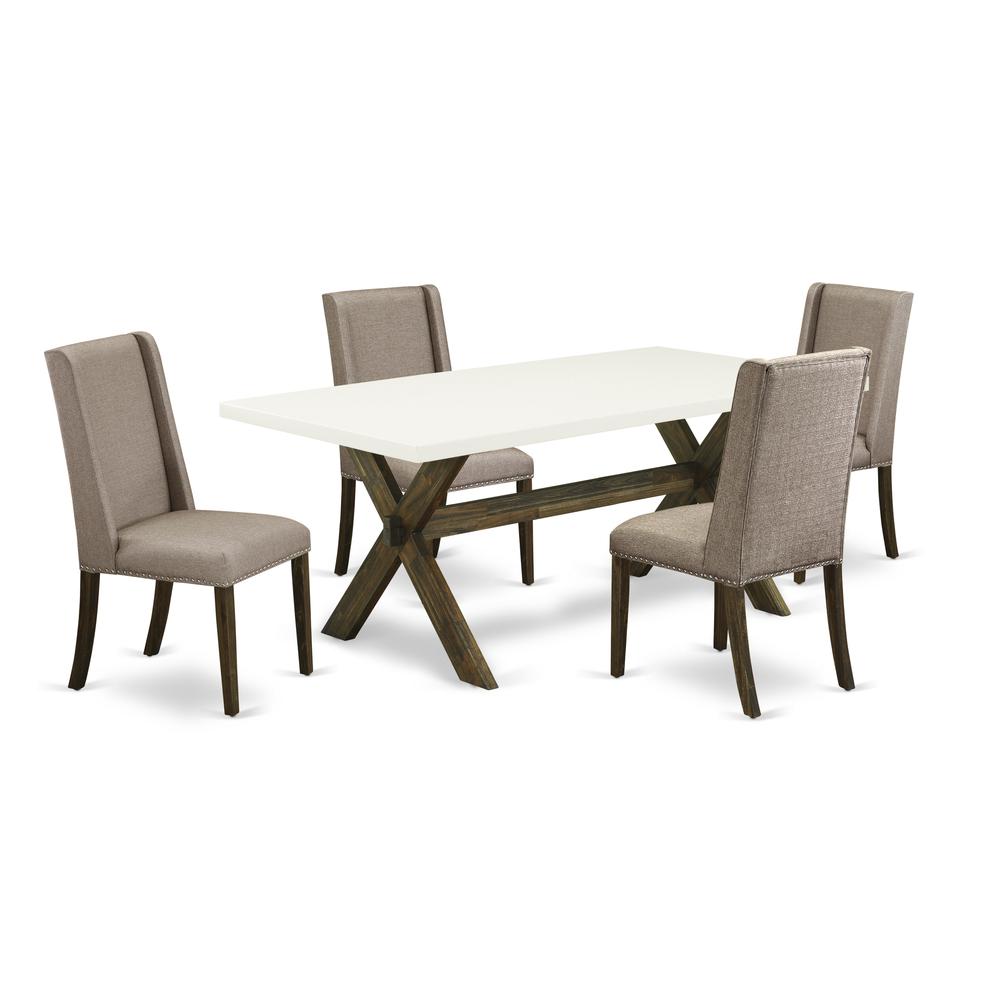 East West Furniture 5-Piece Dining room Set Included 4 Upholstered Dining chairs Upholstered Seat and Stylish Chair Back and Rectangular Table with Linen White Kitchen Table Top - Distressed Jacobean. Picture 1