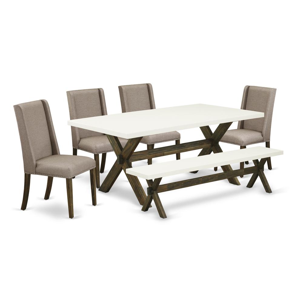 East West Furniture 6-Piece Wooden Dining Table Set-Dark Khaki Linen Fabric Seat and High Stylish Chair Back Dining room chairs, A Rectangular Bench and Rectangular Top Wood Dining Table with Solid Wo. Picture 1