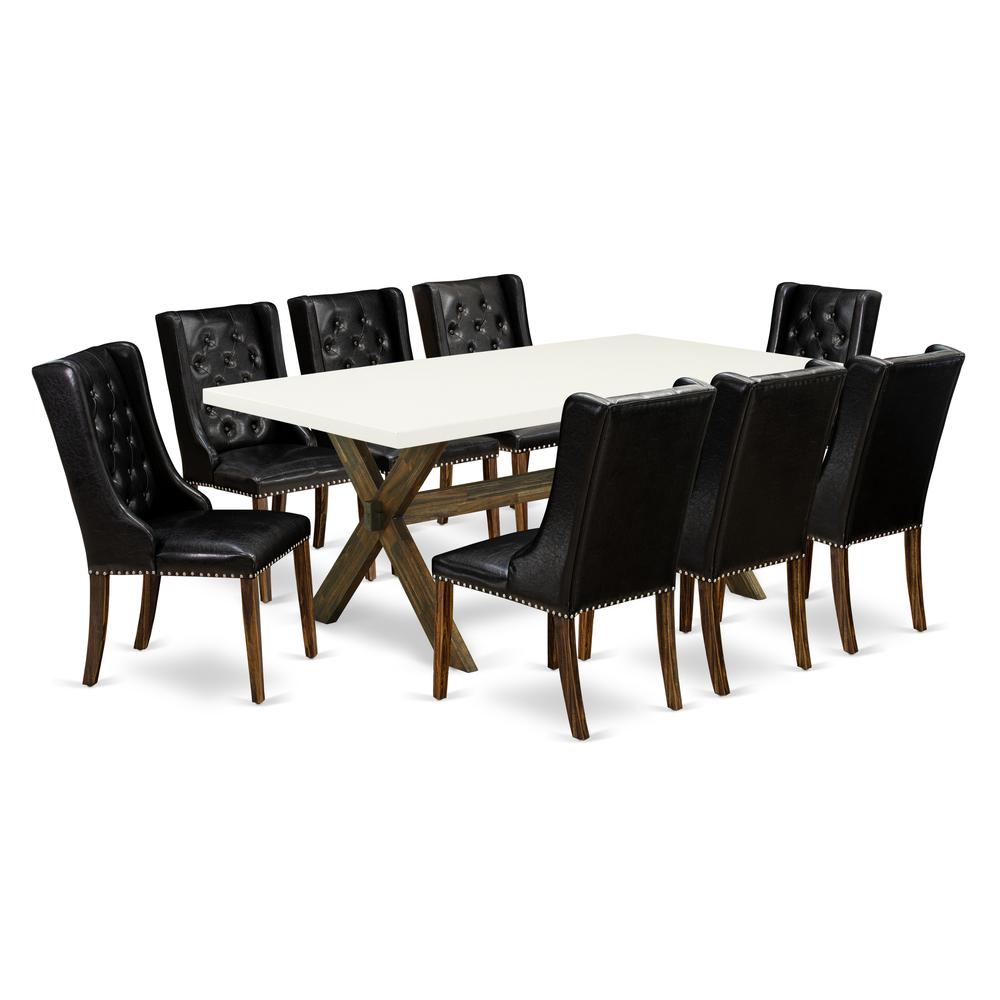 East West Furniture X727FO749-9 9-Piece Dining Room Table Set - 8 Black Pu Leather Kitchen Chairs Button Tufted with Nail heads and Dining Room Table - Distressed Jacobean Finish. Picture 1