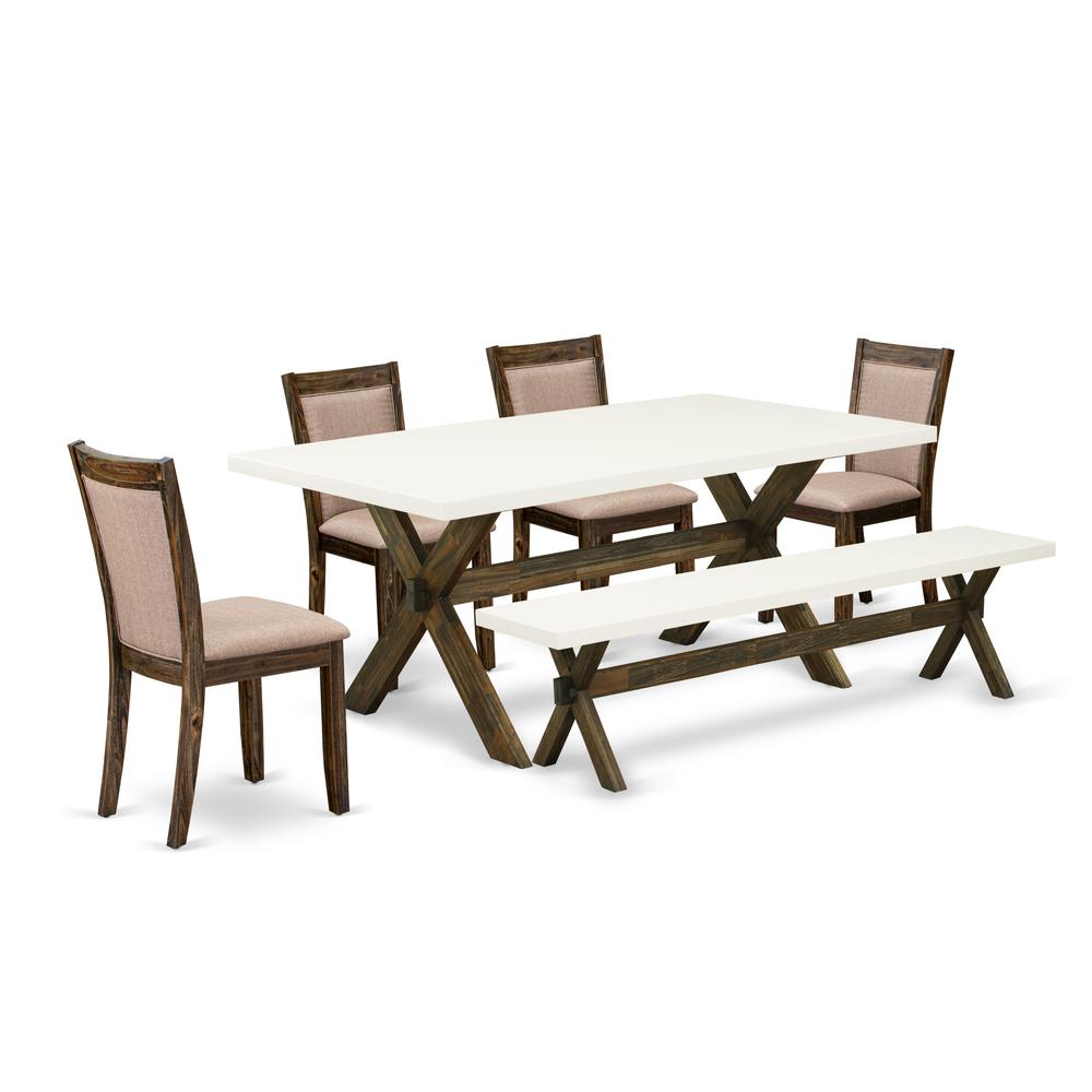 X727MZ716-6 6 Pc Dining Table Set- A Modern Table in Trestle Base with Wood Bench and 4 Parson Chairs - Distressed Jacobean Finish. Picture 2