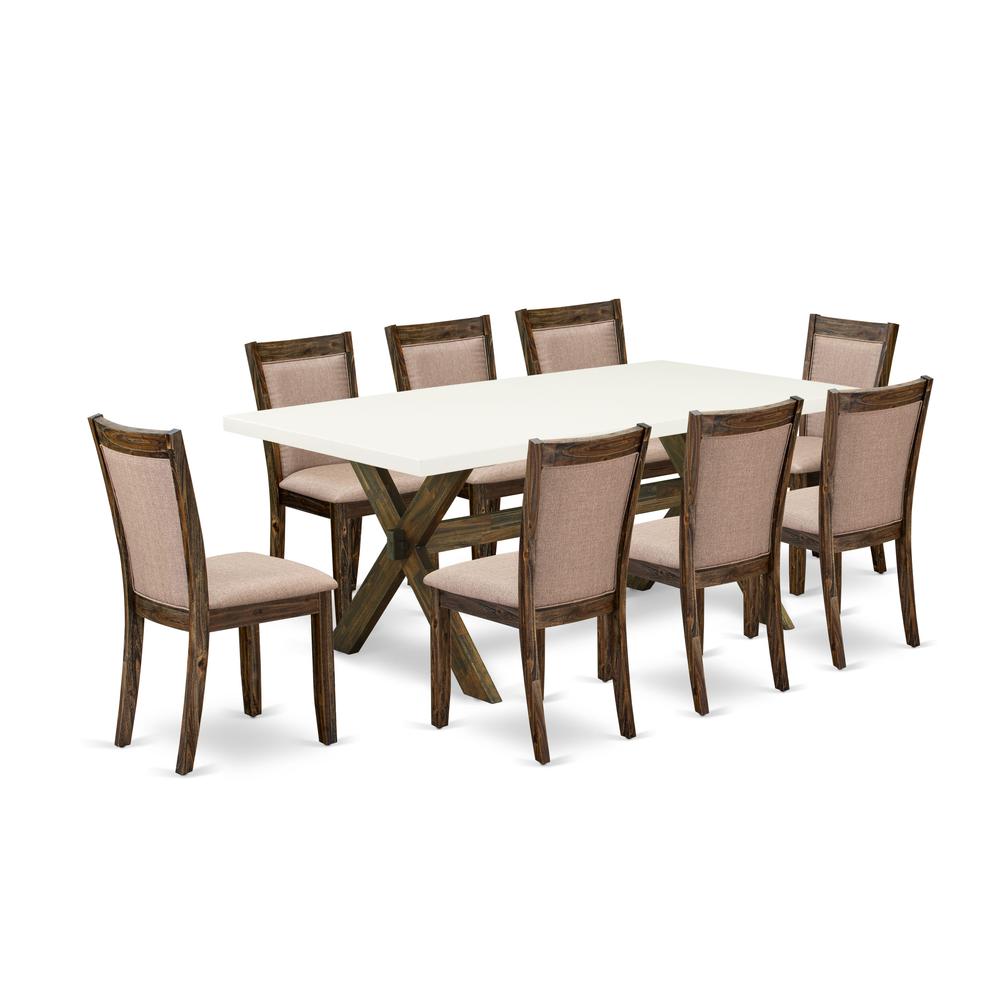 X727MZ716-9 9 Piece Innovative Dining Set - A Dinning Table with Trestle Base and 8 Kitchen Chairs - Distressed Jacobean Finish. Picture 2