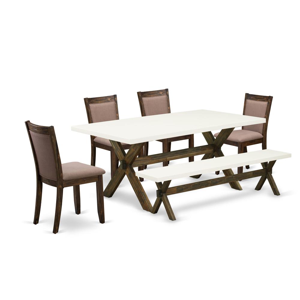 X727MZ748-6 6 Piece Dining Set- A Dinning Table in Trestle Base with Bench and 4 Coffee Dinner Chairs - Distressed Jacobean Finish. Picture 2