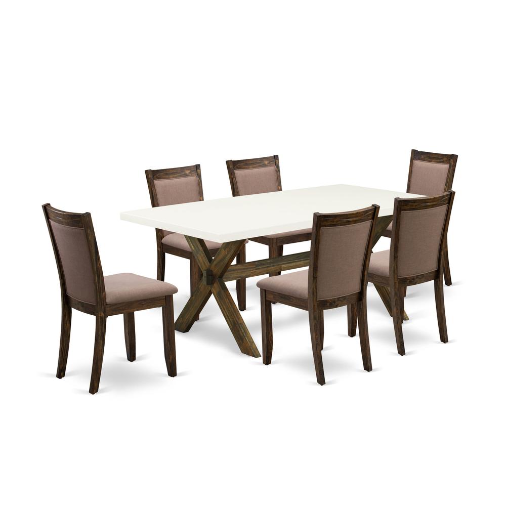 X727MZ748-7 7 Piece Modern Dining Set - A Dining Table with Trestle Base and 6 Coffee Dining Chairs - Distressed Jacobean Finish. Picture 2