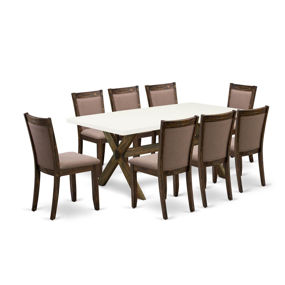 X727MZ748-9 9 Pc Innovative Dining Set - A Kitchen Table with Trestle Base and 8 Coffee Dining Chairs - Distressed Jacobean Finish. Picture 2