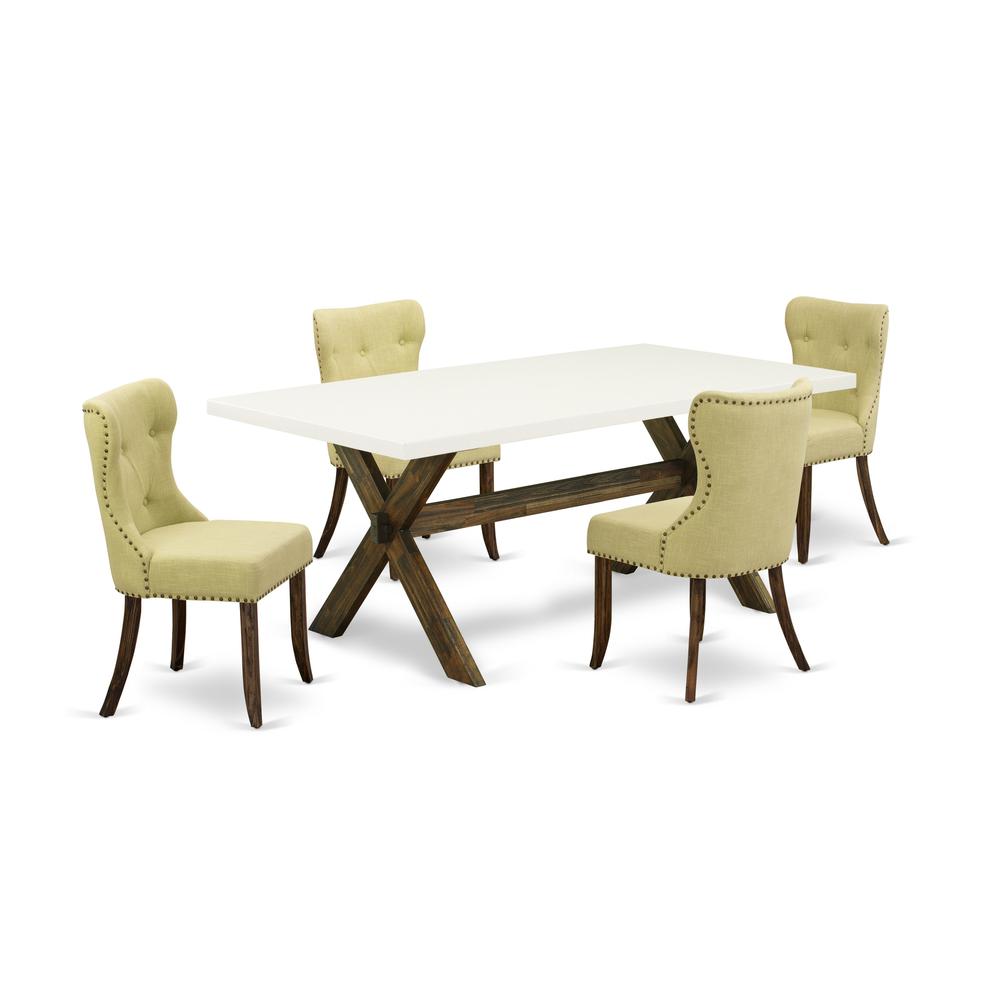 East West Furniture X727SI737-5 5-Piece Modern Dining Table Set- 4 Dining Padded Chairs with Limelight Linen Fabric Seat and Button Tufted Chair Back - Rectangular Table Top & Wooden Cross Legs - Line. Picture 1