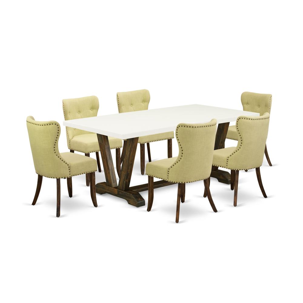 East West Furniture X727SI737-7 7-Piece Kitchen Dining Set- 6 Mid Century Dining Chairs with Limelight Linen Fabric Seat and Button Tufted Chair Back - Rectangular Table Top & Wooden Cross Legs - Line. Picture 1