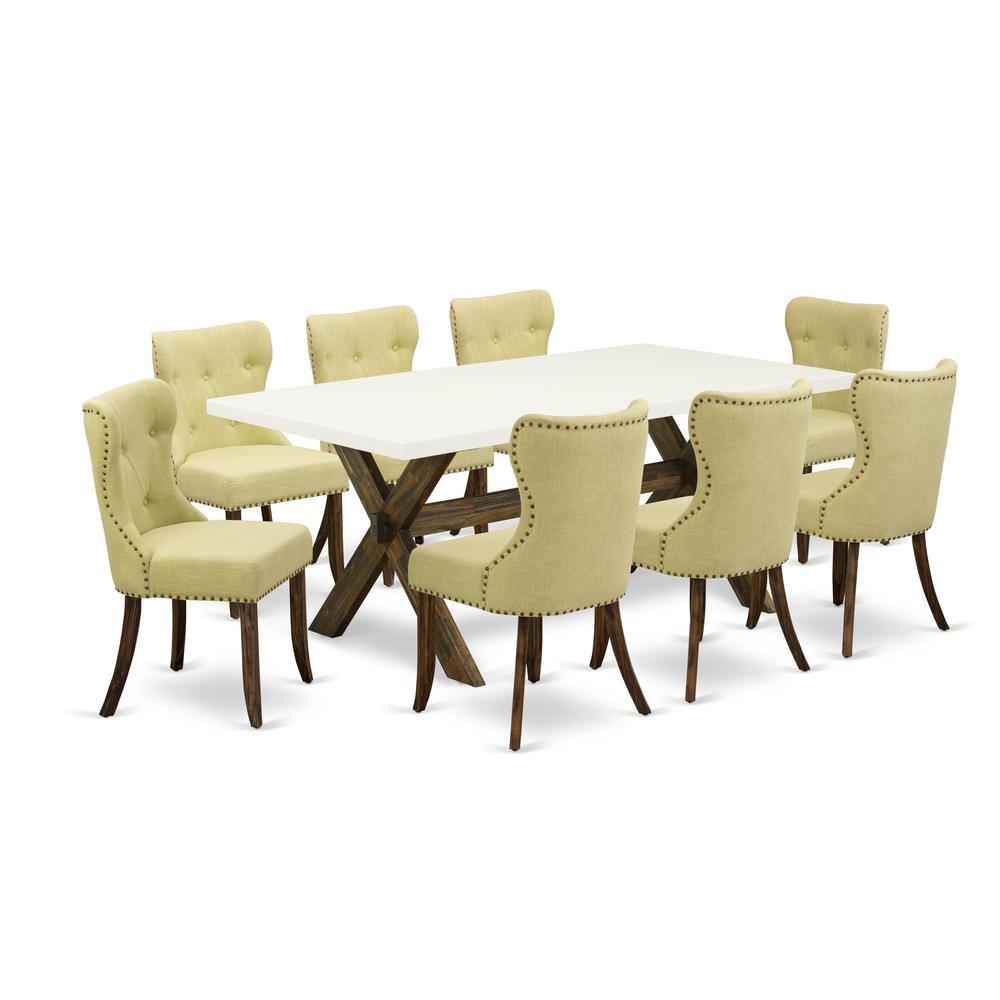 East West Furniture X727SI737-9 9-Piece Modern Dining Set- 8 Parson Chairs with Limelight Linen Fabric Seat and Button Tufted Chair Back - Rectangular Table Top & Wooden Cross Legs - Linen White and D. Picture 1