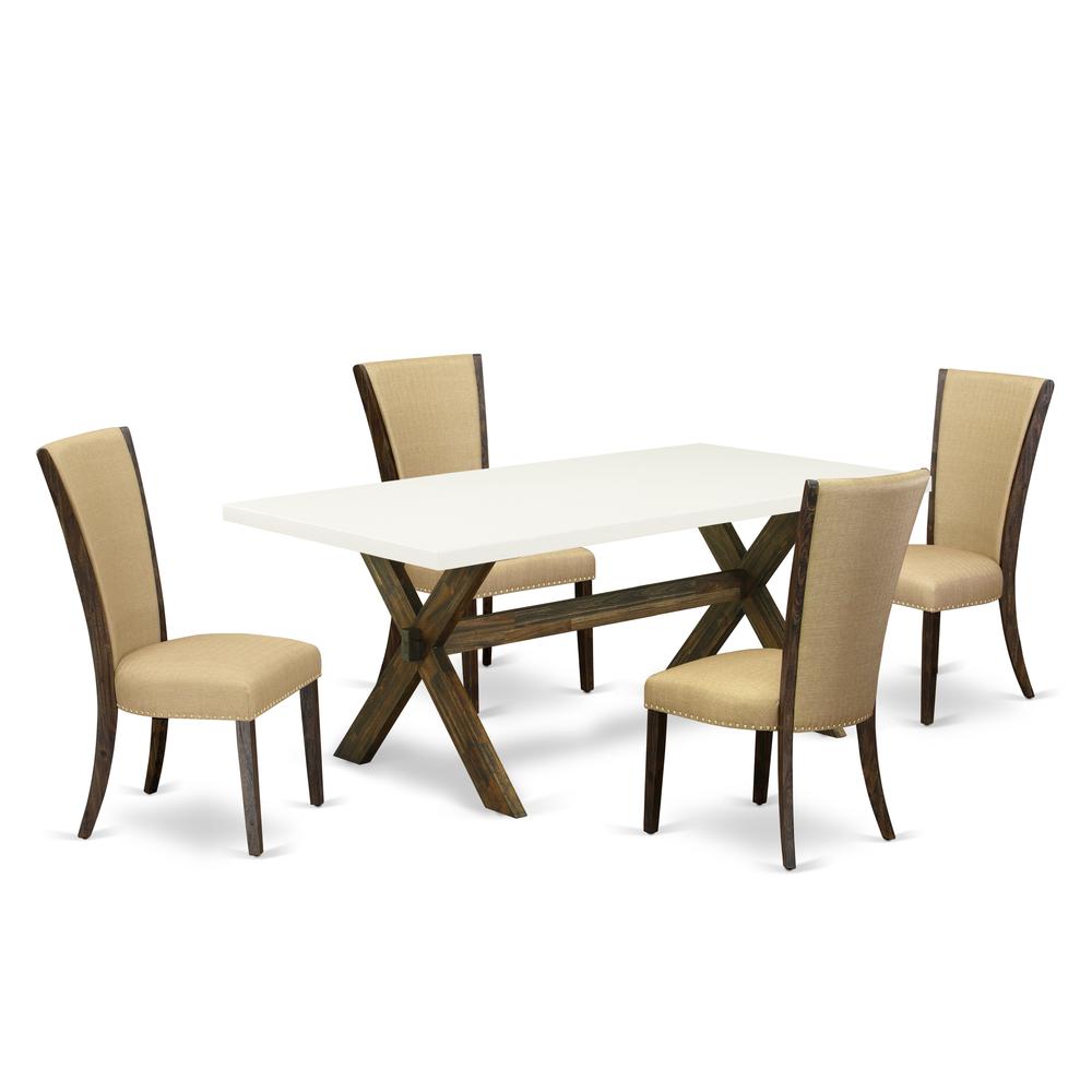 East West Furniture X727VE703-5 5Pc Dinette Set Includes a Rectangular Table and 4 Parson Chairs with Brown Color Linen Fabric, Distressed Jacobean and Linen White Finish. Picture 1