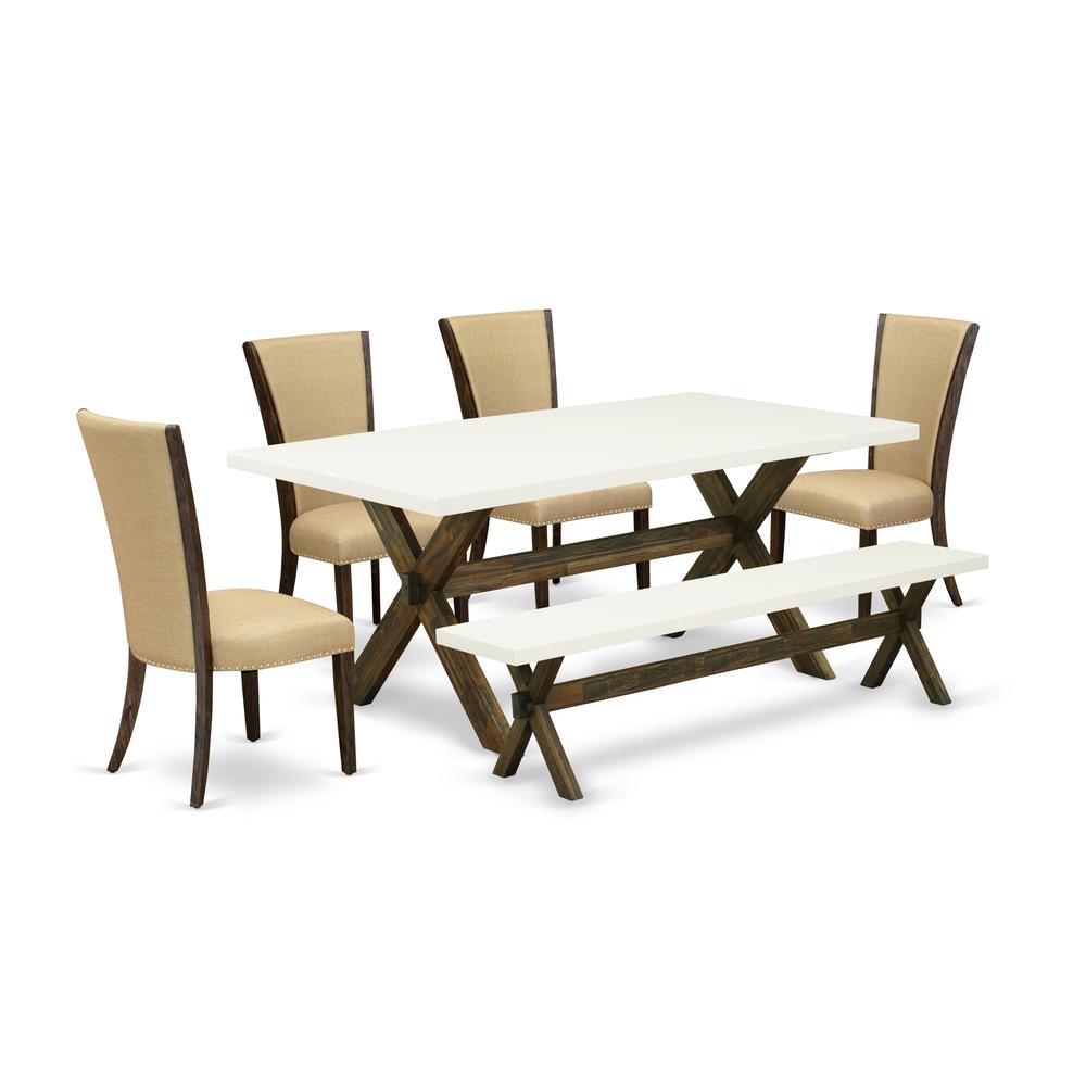 East West Furniture X727VE703-6 6 Piece Table Set - 4 Brown Linen Fabric Dining Chairs with Nailheads and Linen White Wood Dining Table - 1 Dining Bench - Distressed Jacobean Finish. Picture 1