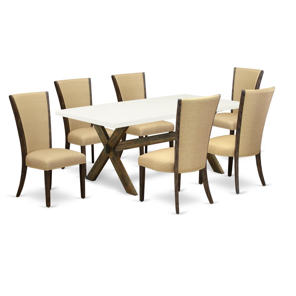 East West Furniture X727VE703-7 7Pc Kitchen Table Set Contains a Dining Room Table and 6 Parson Dining Chairs with Brown Color Linen Fabric, Distressed Jacobean and Linen White Finish. Picture 1