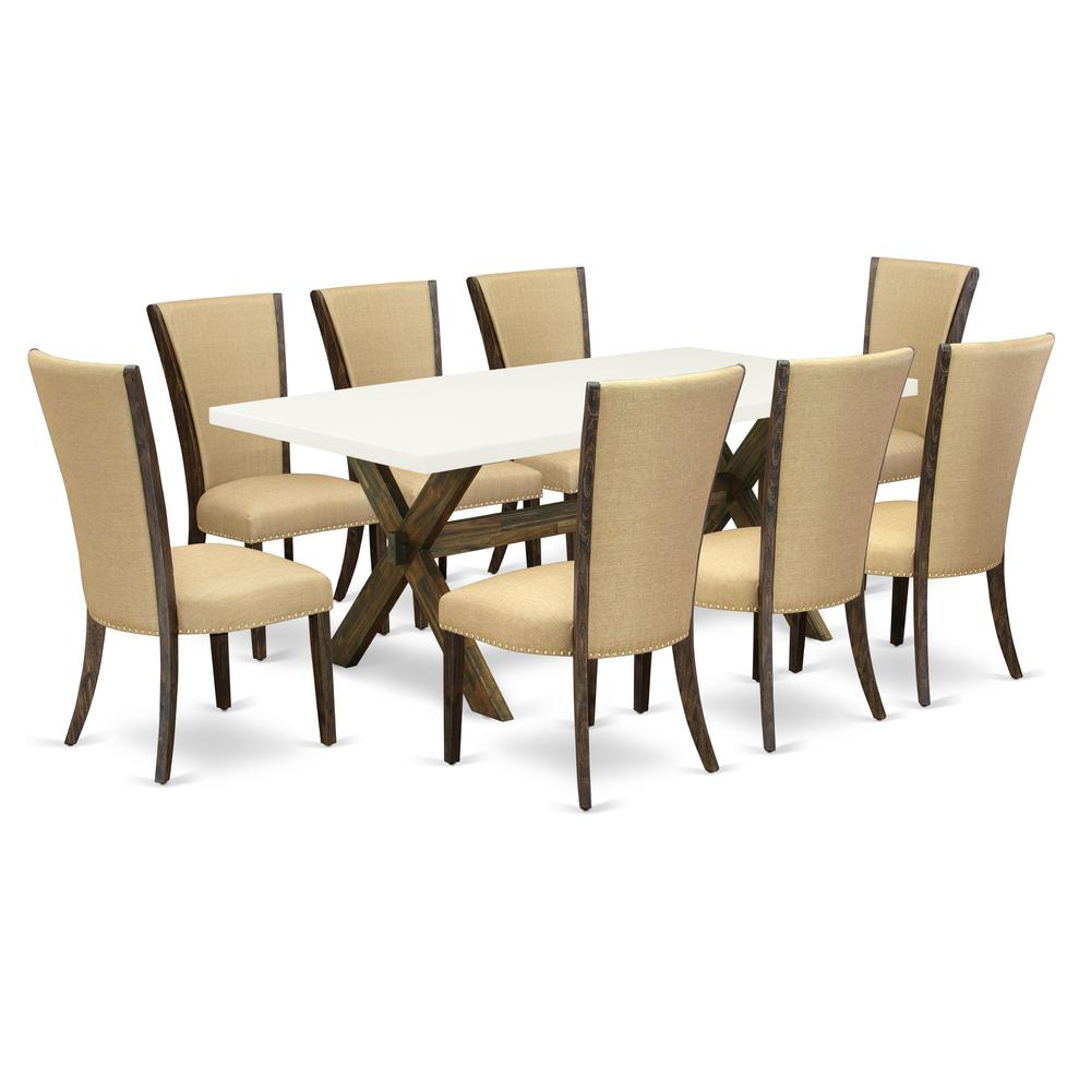 East West Furniture X727VE703-9 9Pc Kitchen Set Consists of a Rectangular Table and 8 Upholstered Dining Chairs with Brown Color Linen Fabric, Distressed Jacobean and Linen White Finish. Picture 1