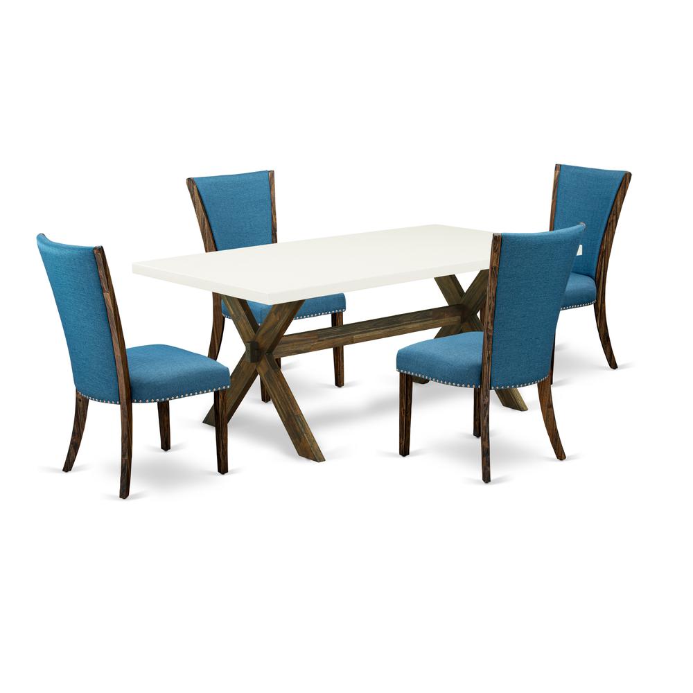 East West Furniture X727VE721-5 5Pc Wood Dining Table Set Consists of a Wood Dining Table and 4 Parsons Dining Room Chairs with Blue Color Linen Fabric, Distressed Jacobean and Linen White Finish. Picture 1