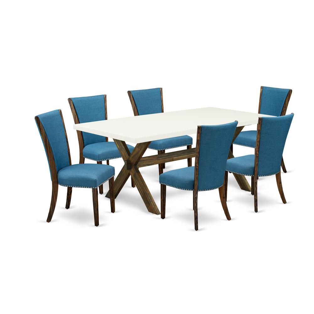 East West Furniture X727VE721-7 7Pc Modern Dining Table Set Consists of a Dining Table and 6 Parsons Dining Chairs with Blue Color Linen Fabric, Distressed Jacobean and Linen White Finish. Picture 1