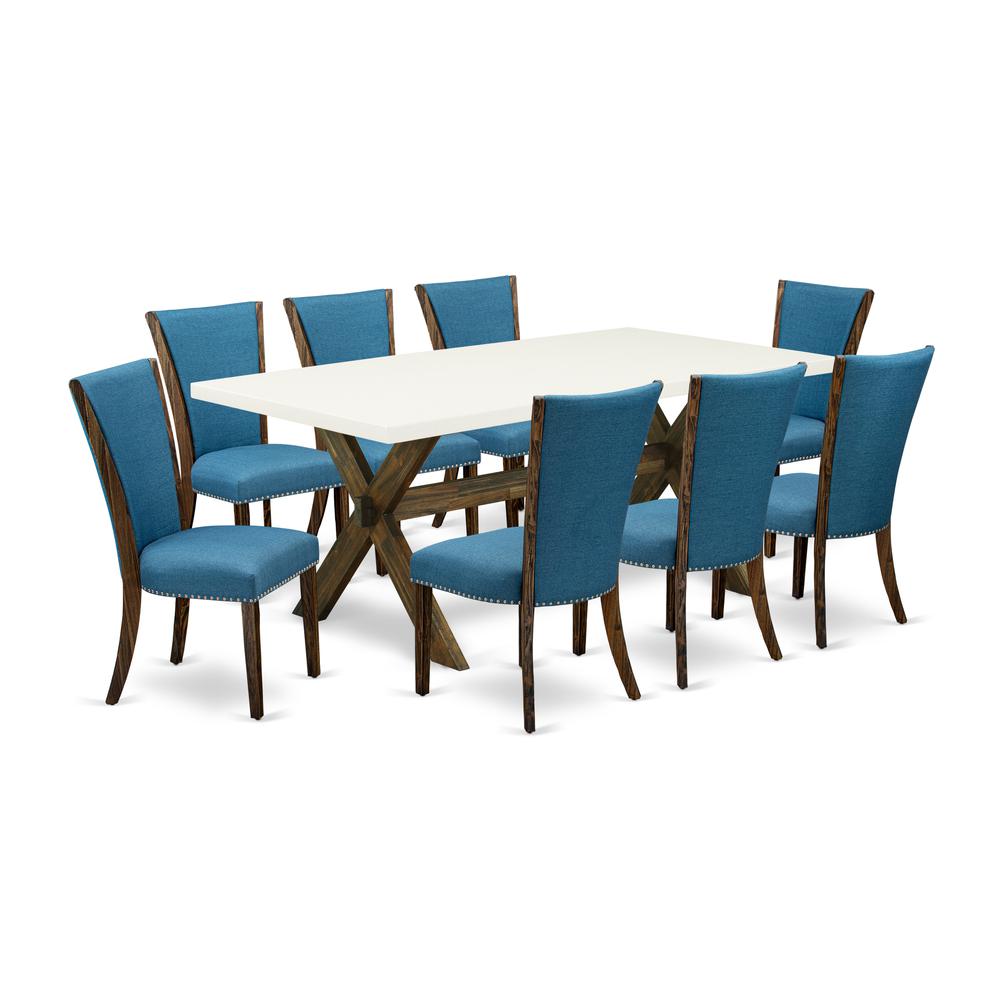 East West Furniture X727VE721-9 9Pc Dining Set Contains a Dinette Table and 8 Parson Chairs with Blue Color Linen Fabric, Distressed Jacobean and Linen White Finish. Picture 1