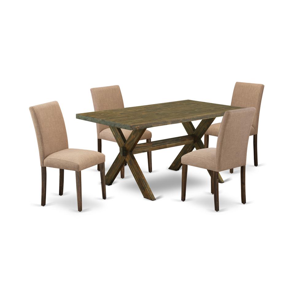 East West Furniture 5-Piece dining room table set Includes 4 Dining Chairs with Upholstered Seat and High Back and a Rectangular Dining Table - Distressed Jacobean Finish. Picture 1