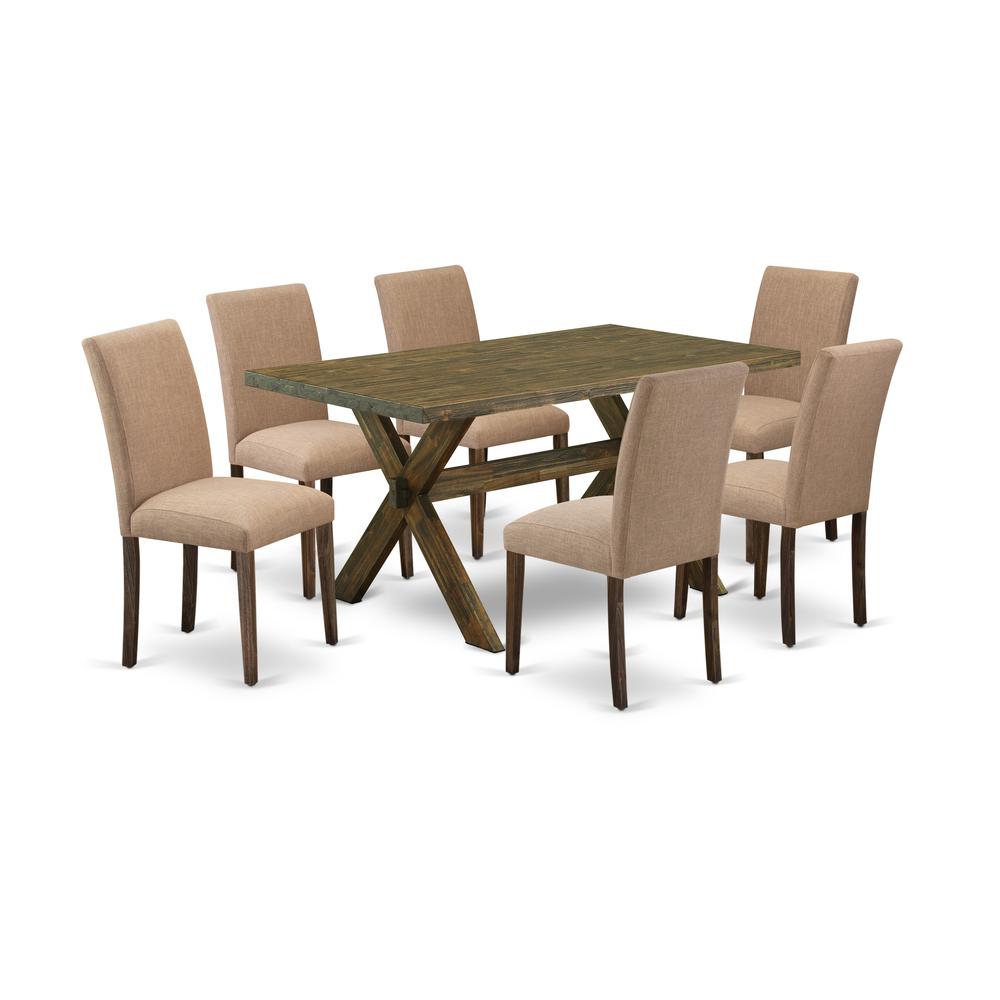 East West Furniture 7-Piece Dining Table Set Includes 6 Mid Century Modern Dining Chairs with Upholstered Seat and High Back and a Rectangular Dining Table - Distressed Jacobean Finish. Picture 1