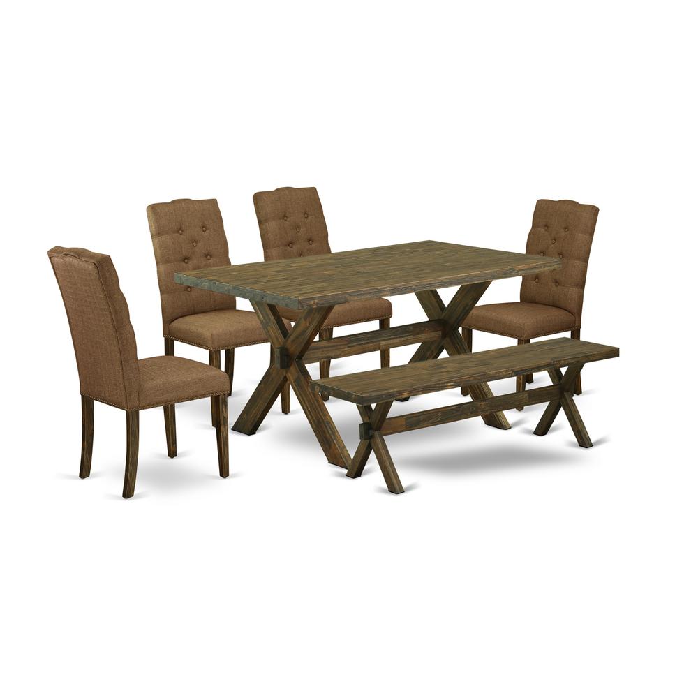 East West Furniture 6-Pc Kitchen Dinette Set-Brown Beige Linen Fabric Seat and Button Tufted Chair Back kitchen parson chairs, A Rectangular Bench and Rectangular Top Kitchen Table with Solid Wood Leg. Picture 1