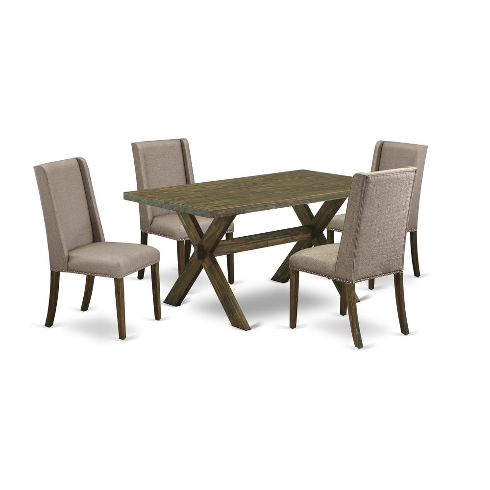 East West Furniture 5-Piece rectangular Dinette Set Included 4 Parson chairs Upholstered Nails Head Seat and Stylish Chair Back and Rectangular dining table with Distressed Jacobean Rectangular Table. Picture 1