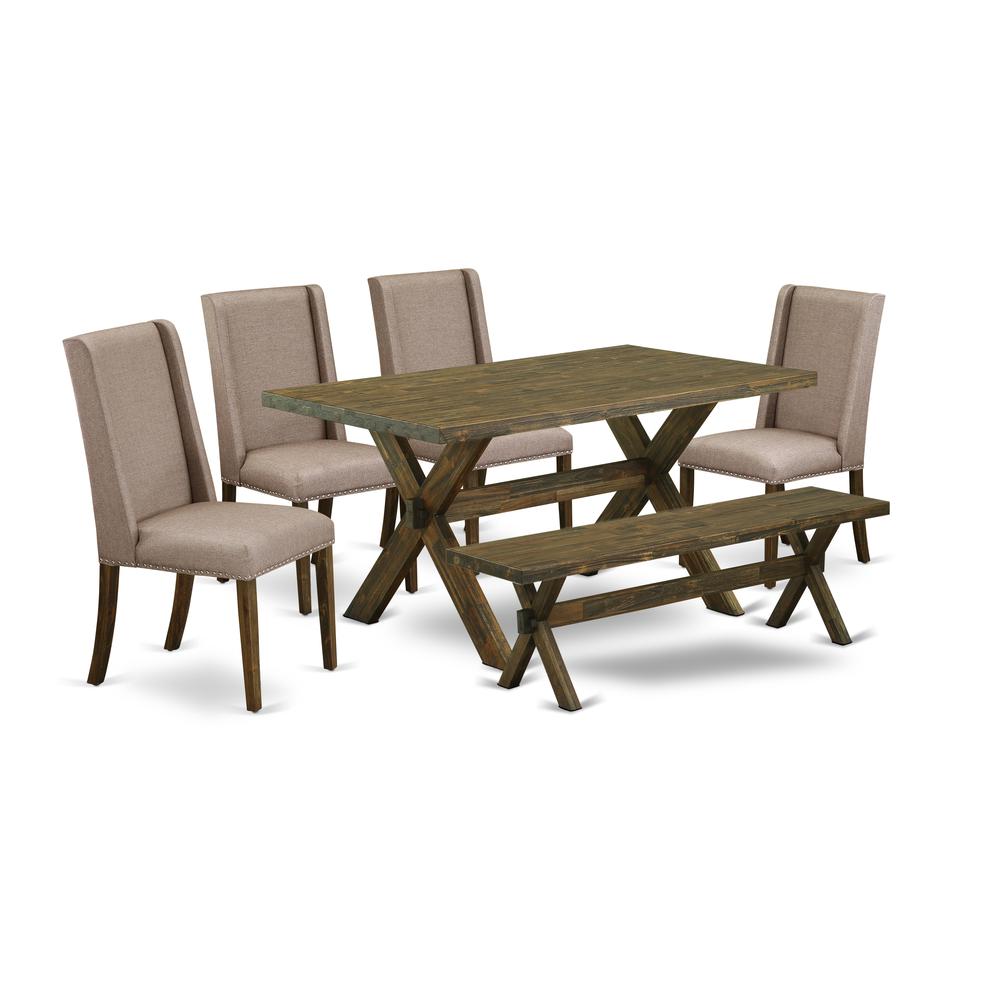 East West Furniture 6-Pc Modern Dining Table Set-Dark Khaki Linen Fabric Seat and High Stylish Chair Back Dining chairs, A Rectangular Bench and Rectangular Top Mid Century Dining Table with Hardwood. Picture 1