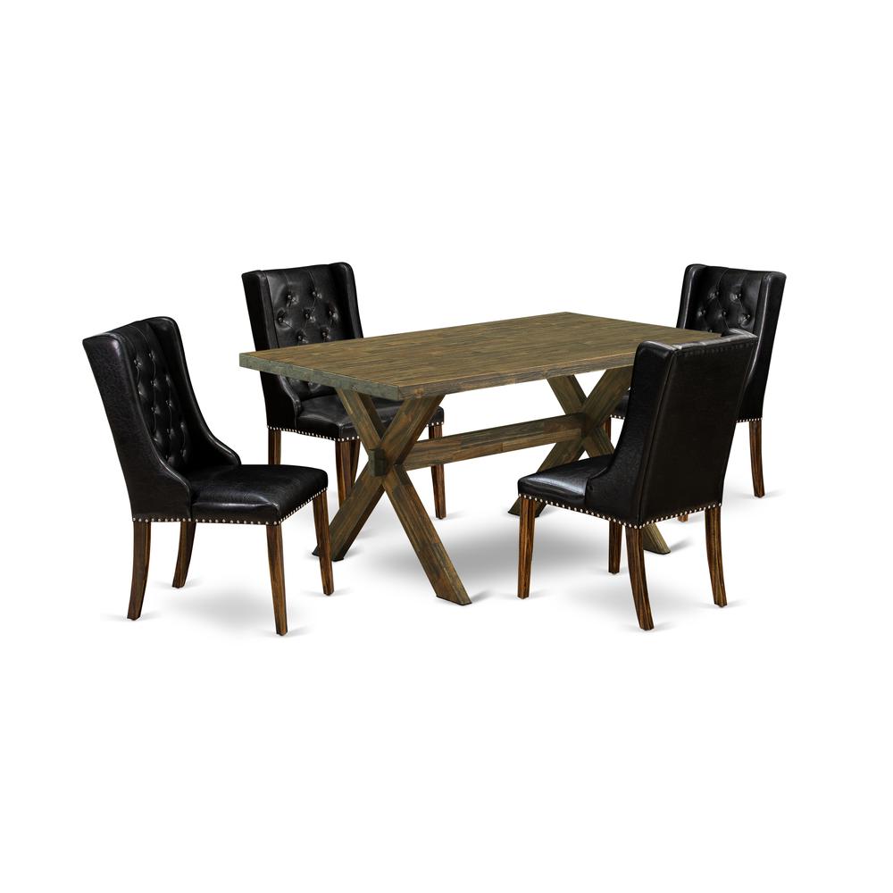 East West Furniture X776FO749-5 - 5 Pc Dining Table Set - 4 Black Pu Leather Upholstered Dining Chairs with Nail heads and Rectangular Table - Distressed Jacobean Finish. Picture 1