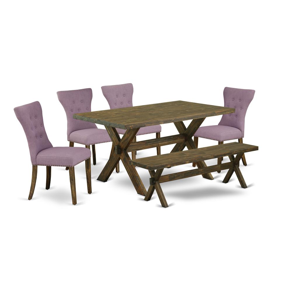 East West Furniture 6-Piece Wood Dining Table Set-Dahlia Linen Fabric Seat and Button Tufted Chair Back Kitchen chairs, A Rectangular Bench and Rectangular Top Kitchen Table with Wooden Legs - Distres. Picture 1