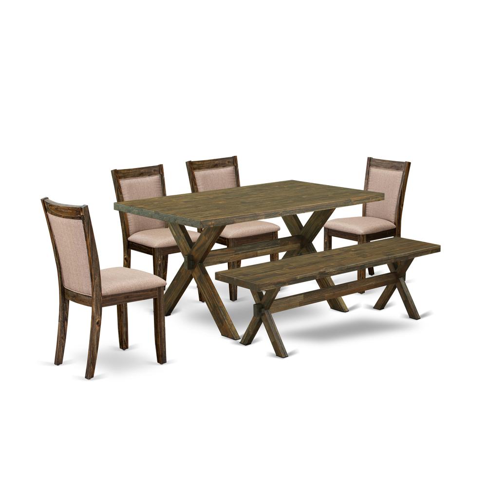 X776MZ716-6 6 Pc Dining Table Set- A Wood Table in Trestle Base with Rustic Bench and 4 Dining Chairs - Distressed Jacobean Finish. Picture 2
