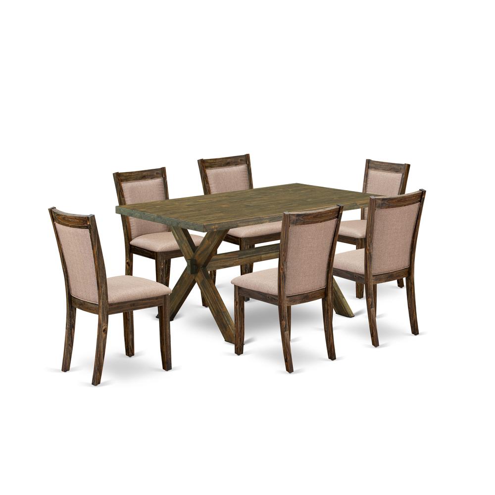 X776MZ716-7 7 Pc Modern Kitchen Dining Set - A Dining Table with Trestle Base and 6 Dining Chairs - Distressed Jacobean Finish. Picture 2
