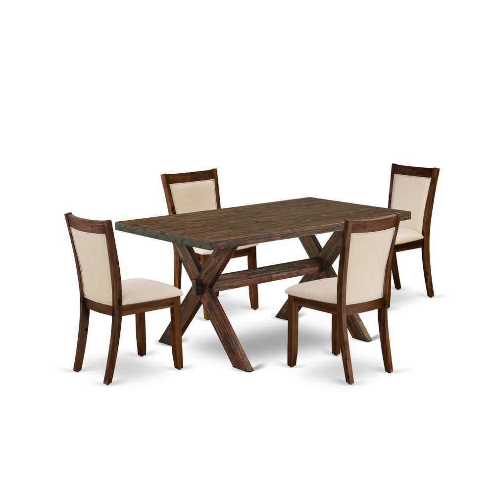 East West Furniture 5-Pc Dining Room Table Set Includes a Wooden Table and 4 Light Beige Linen Fabric Upholstered Chairs with Stylish Back - Distressed Jacobean Finish. Picture 2
